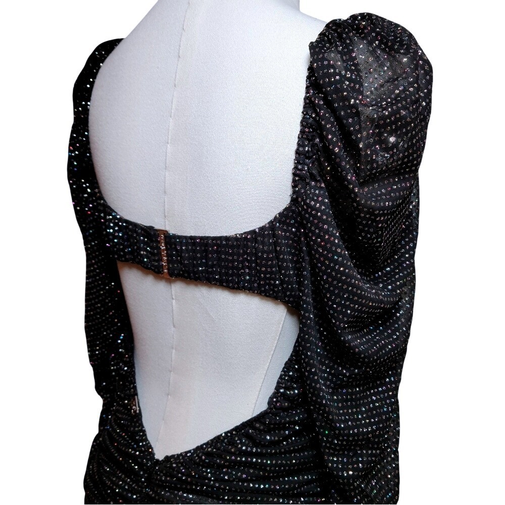 For Love & Lemons Black Glitter Ruched Glam Mini Dress Small NYE Holiday Sparkle - Picture 6 of 12